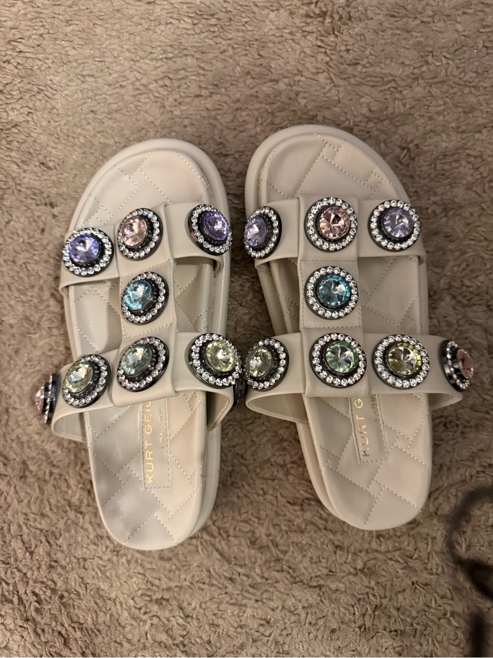 Kurt Geiger Cream Jeweled Double-Strap Slide Sandals